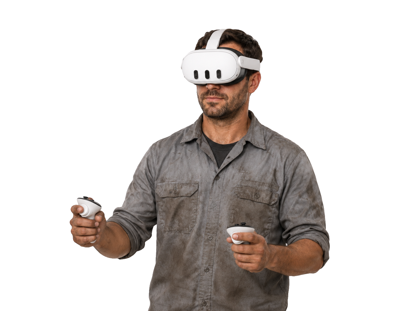 Man wearing a virtual reality headset and holding controllers for Smoke School training.