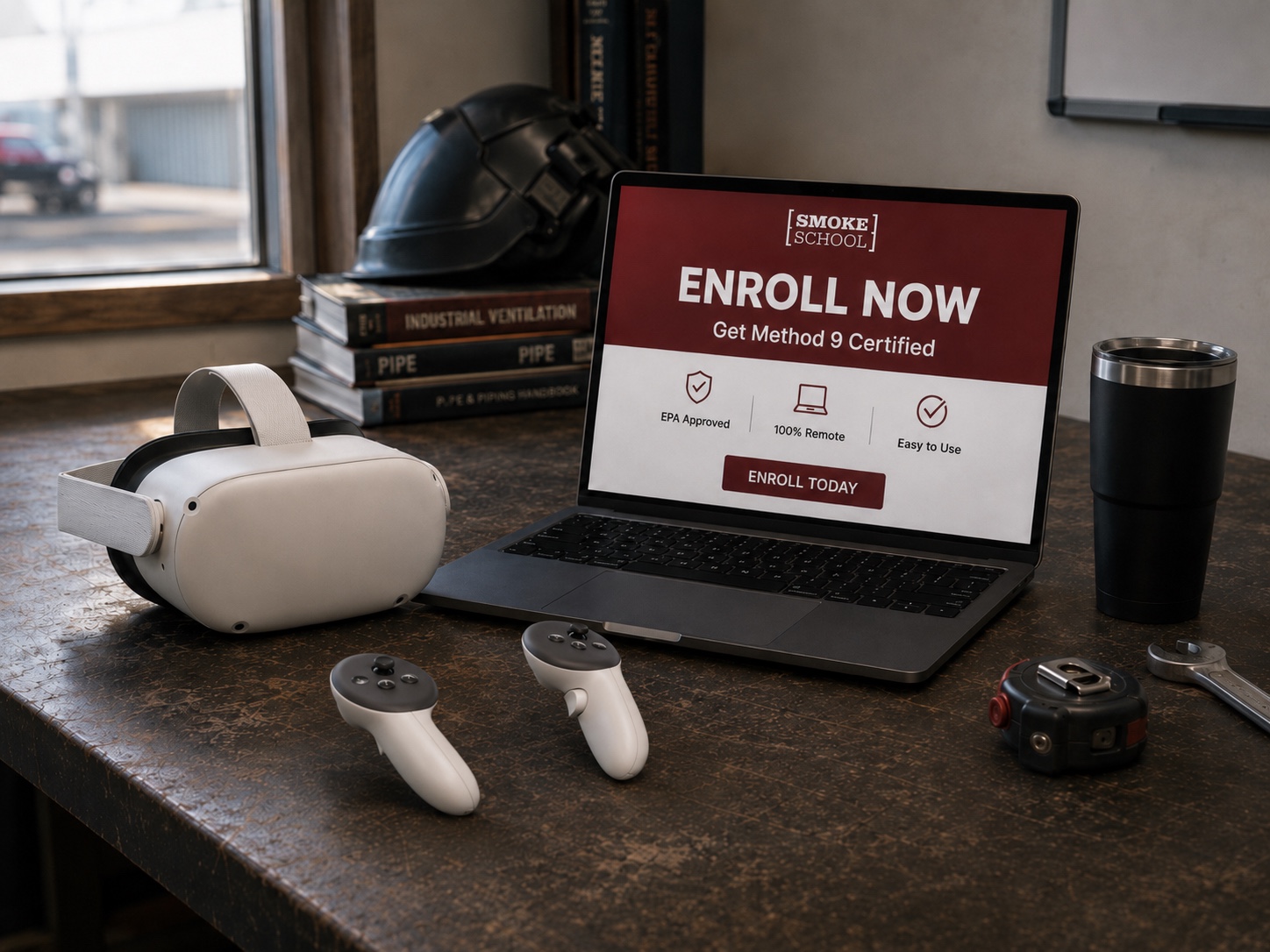 Industrial worker using a laptop to enroll in Smoke School VR training.