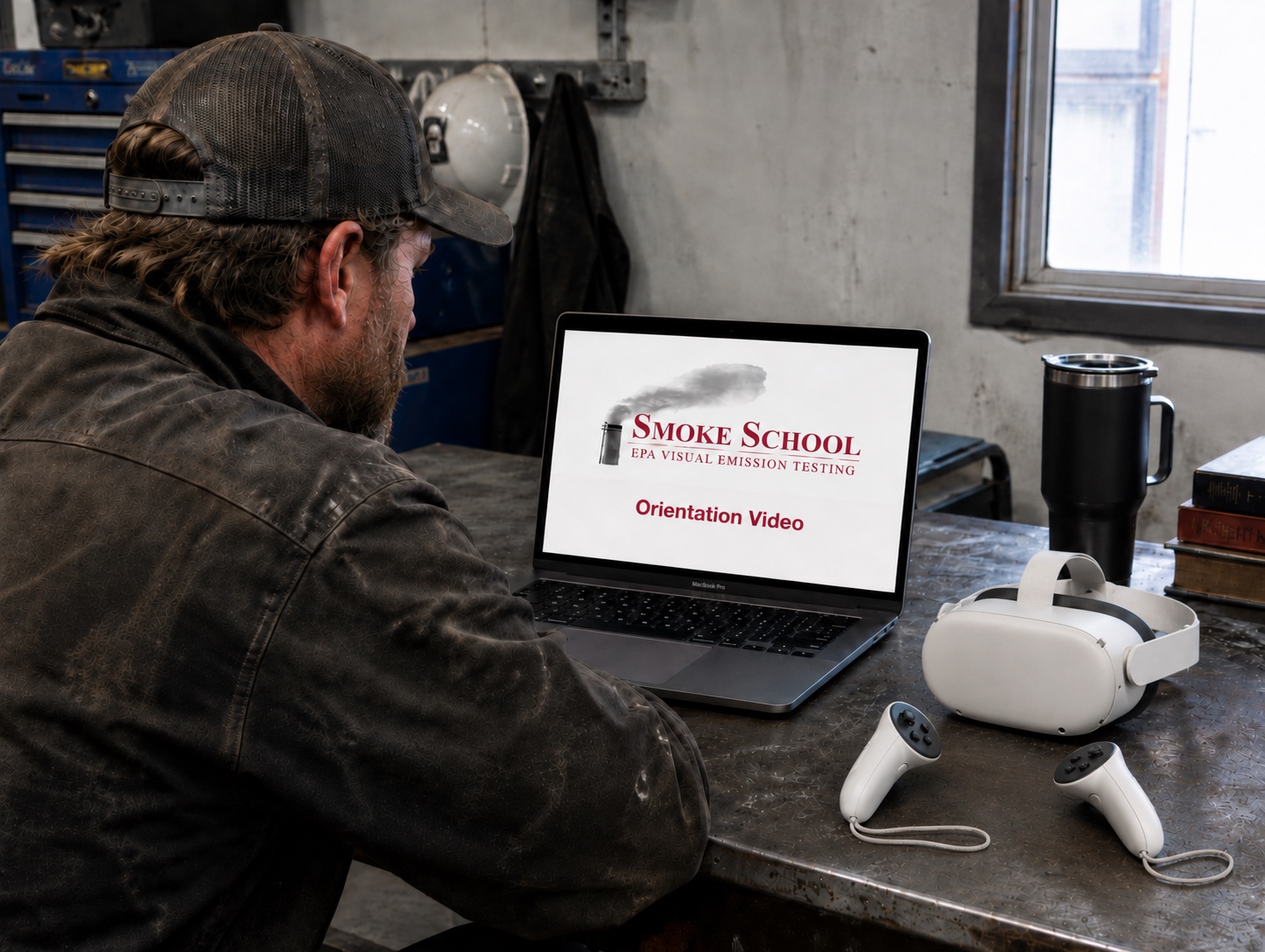 Worker reviewing orientation materials with a VR headset at an industrial training desk.