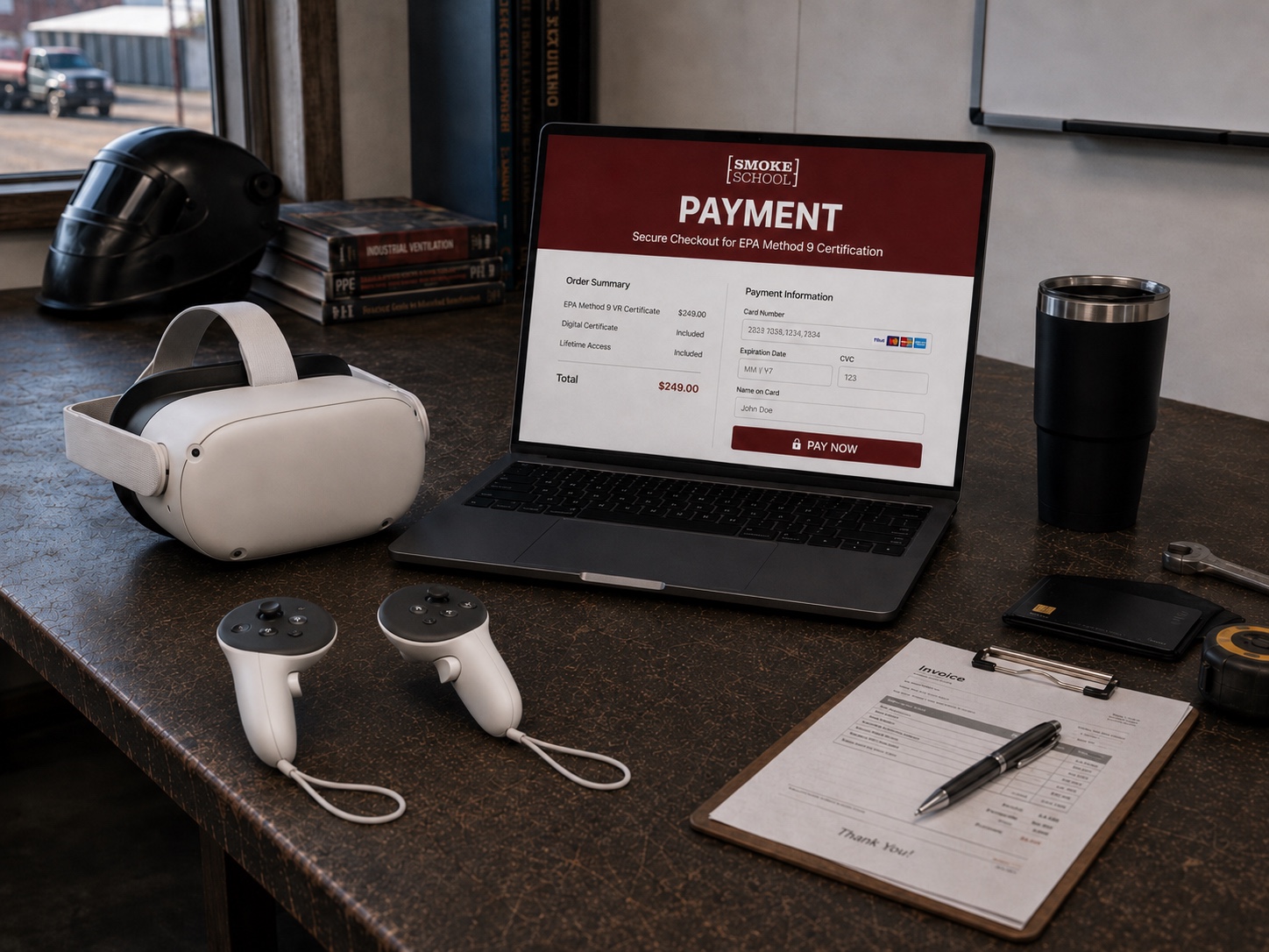 Invoice and payment tools on a blue collar industrial office desk.