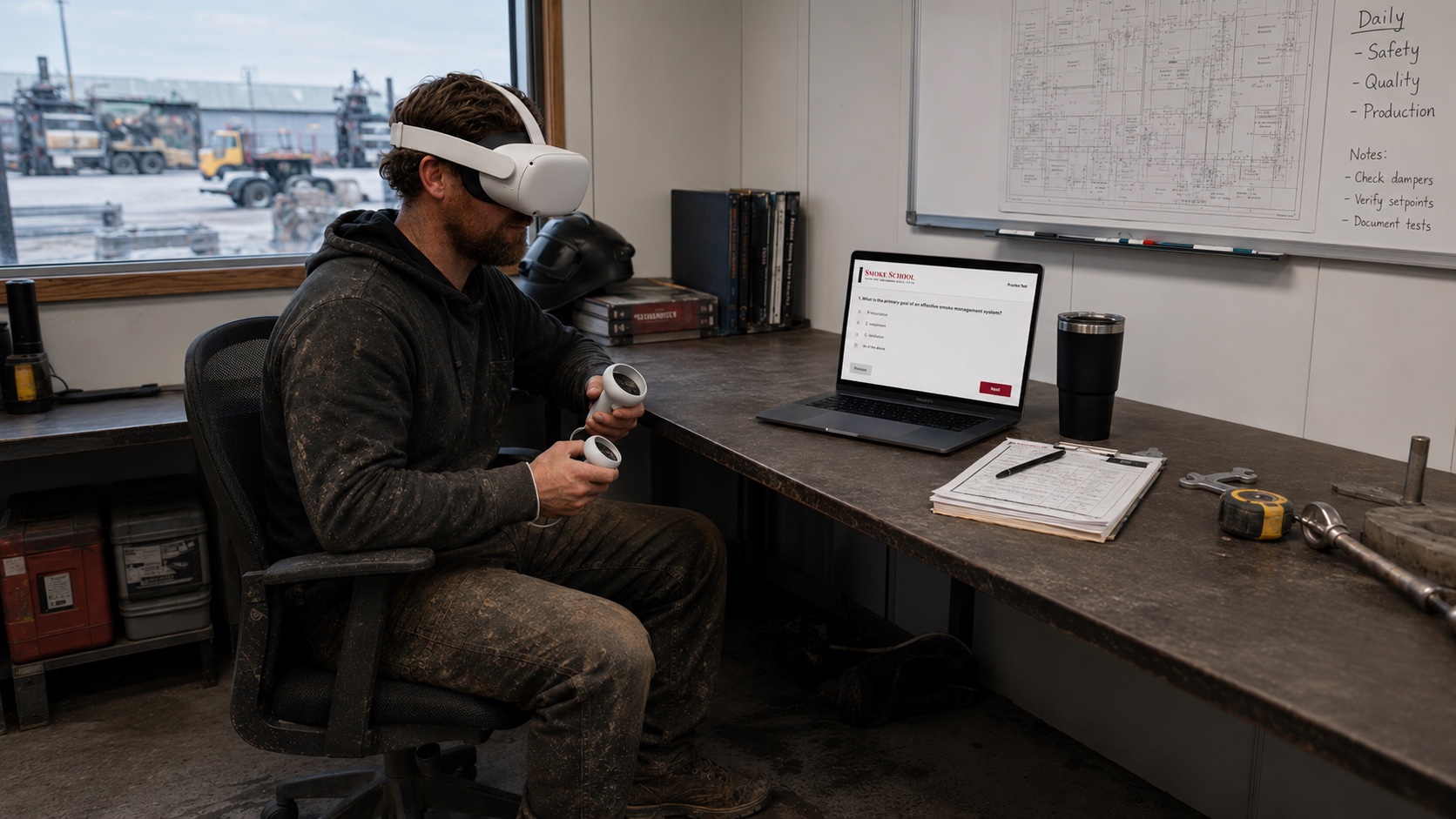 Worker wearing a VR headset and holding controllers for Method 9 testing.